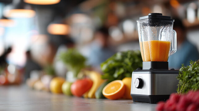 Vibrant smoothie preparation. Blender with orange liquid surrounded by fresh produce. Illustrates healthy lifestyle, nutrition, wellness, and food preparation. - Powered by Adobe