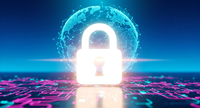 Global Cybersecurity Padlock Digital Network Technology Blue