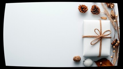 A white gift box tied with twine sits on a white surface, adorned with pine cones, dried leaves, and ornamental grasses.