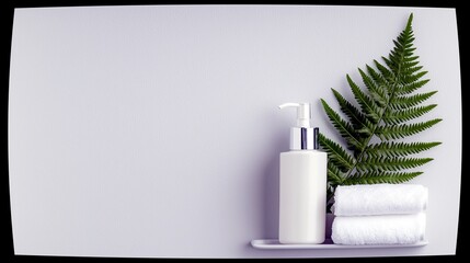 A white pump bottle, two rolled white towels, and a green fern leaf are arranged on a light purple surface, suggesting a spa or skincare theme.
