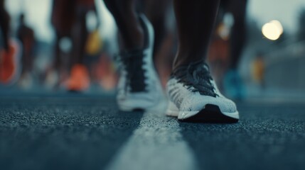 Dynamic Close-Up of Runner's Feet at Start Line with Cinematic Focus