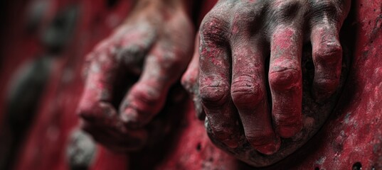 Close-up of Chalk-Covered Hands Gripping Red Climbing Holds in Fine Art Style