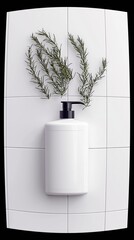 A white pump bottle is placed on a white tiled surface with fresh rosemary sprigs arranged above it.