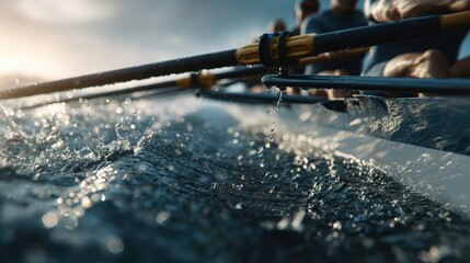 Close-up of Rowers' Oars Cutting Through Water in Dynamic Teamwork Motion