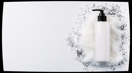 A white pump bottle with a black dispenser sits in a pile of white foam and bubbles, creating a clean and refreshing aesthetic.