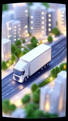 A white semi-trailer truck travels on a highway surrounded by miniature buildings and trees, illuminated by streetlights and building lights.