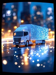 A white semi-truck with a trailer illuminated by thousands of blue glowing lights drives on a wet road at night, with blurry city lights in the background.