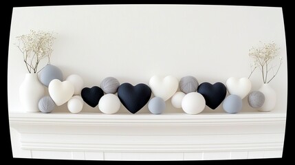 A clean white shelf displays a symmetrical arrangement of decorative items including heart shapes, spheres, and vases with delicate dried flowers.