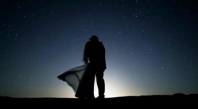 Couple embracing under a starry night sky in a desert setting  