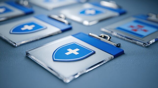 Medical Badges Neatly Arranged on a Blue Surface Showcasing Health Symbols and Clear Identity Cards