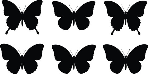 Butterfly silhouette collection featuring various wing shapes and symmetrical insect designs for nature illustration, decorative artwork, crafting and botanical themed projects