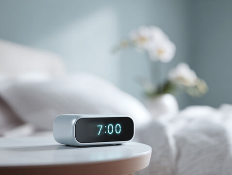 Sleek digital alarm clock displaying 700 AM on a bedside table. Gentle morning light, soft bedding in the background. Represents time, routine, and modern lifestyle.
