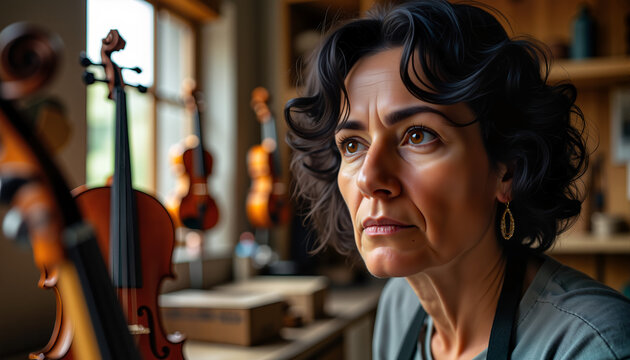 Female luthier focused while working in a wooden workshop