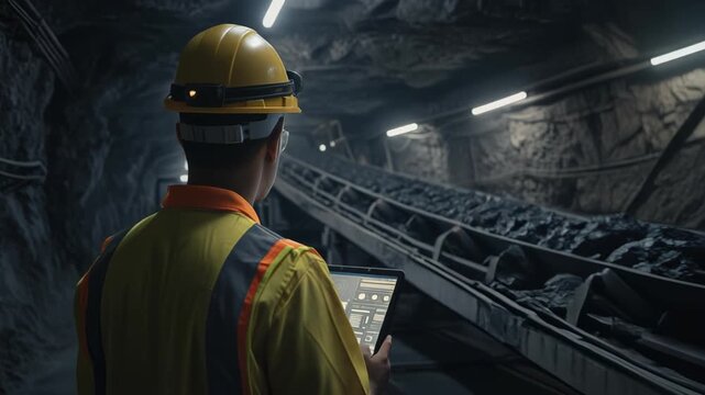 Mining engineer inspecting underground coal mine operation using digital tablet technology, wearing hard hat and safety vest beside illuminated conveyor belt system.