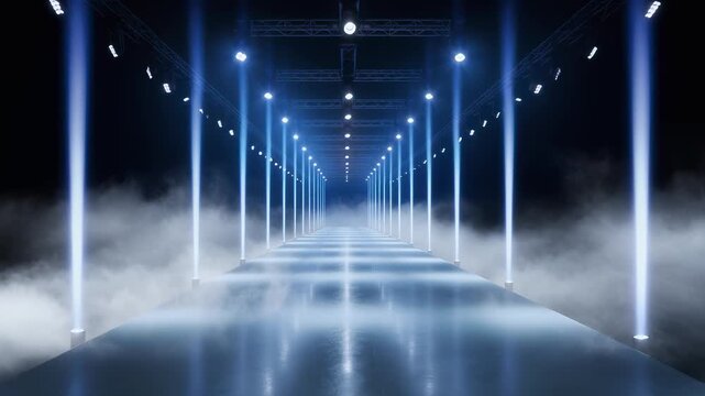Empty futuristic fashion runway with vertical blue light beams and thick fog, dramatic stage lighting and symmetrical catwalk perspective, abstract event background.