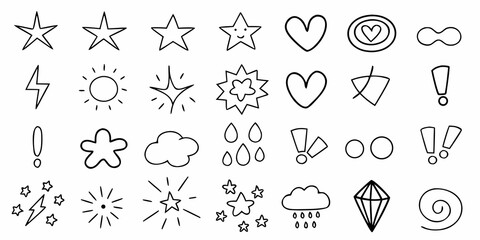Hand drawn doodle set of various shapes and symbols in black outline