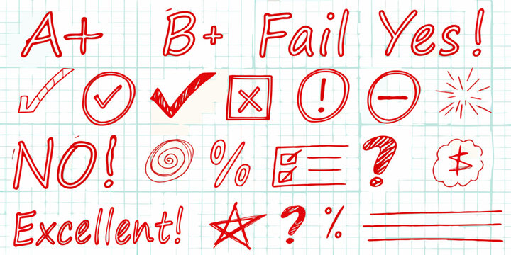 Hand drawn red marks and grades on grid paper