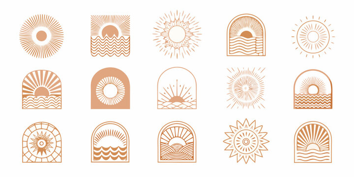 Collection of sun and wave graphic elements in boho style