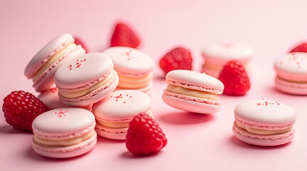 Pastel pink macarons with fresh raspberries rest on a soft pink backdrop. Light, airy, and elegant, perfect for dessert styling, bakery imagery, gifts, and romantic food photography.