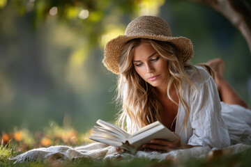 Young woman in straw hat reading book in sunlit park