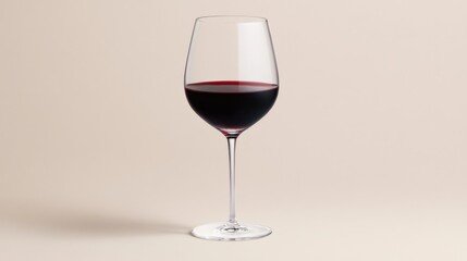 A glass filled with red wine, elegantly displayed against a neutral background