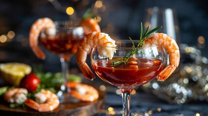 Naklejka premium Dramatic close-up of classic shrimp cocktail served in elegant martini glasses