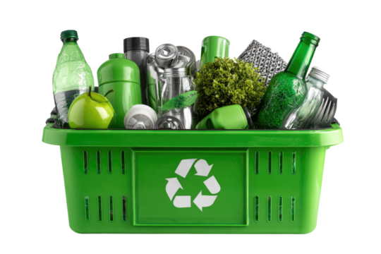 Recyclable items in a green bin