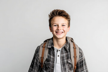 Smiling Teenage Boy with Braces and Backpack on White Background