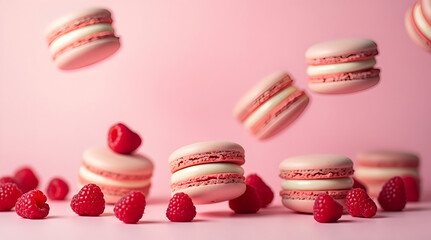 Delicate Pink Macarons With Fresh Raspberries Floating Against a Soft Pink Background