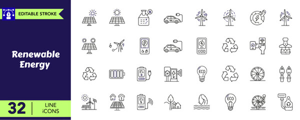Renewable energy line icons set. sustainable power sources outline symbols. solar panels, wind turbines, electric cars, eco light bulbs linear pictograms collection