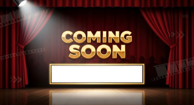 Theatrical stage spotlight on golden 'coming soon' text with elegant red velvet curtains, a blank announcement frame, and wooden floor