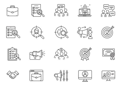 Recruiting talent with job search and business development icons for marketing and human resources teams