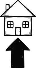 Doodle house with simple arrow up icon, hand-drawn solid black on white, indicating real estate growth, quick market sketch.