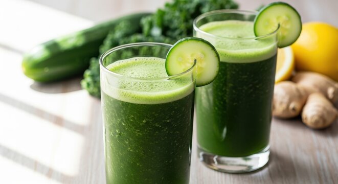 Refreshing green juice with cucumber lime and ginger for a healthy lifestyle