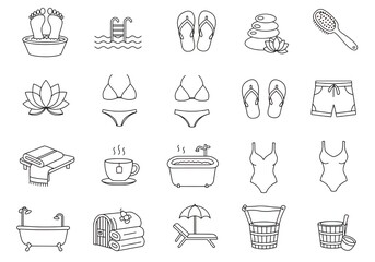 Relaxing spa day icons for ultimate self care and wellness retreat promotion in black and white outline