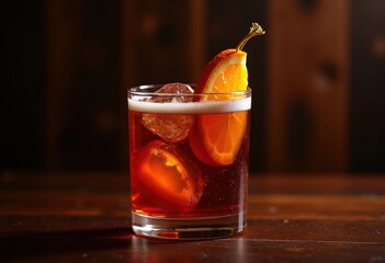 Artisan Negroni Cocktail Ensemble Orange Wheel Citrus Garnish Dark Wood Backdrop
