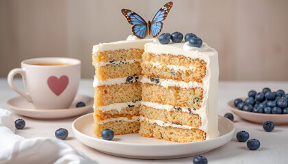 A charming, cozy breakfast scene featuring a three-layer vanilla cake with whipped cream, blueberries, and a butterfly topper. A heart-motive mug and warm wood table complete the inviting setting.