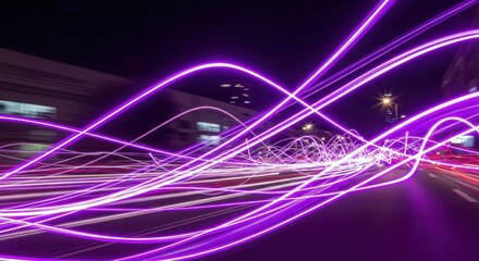 Abstract purple light trails flowing through a cityscape at night