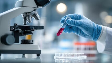 Researcher’s gloved hand holding a blood sample in test tube next to microscope, symbolizing laboratory analysis, diagnostics, and medical science