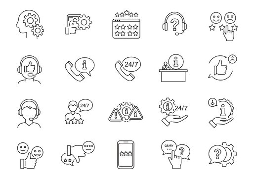 Streamlined customer service icon set showcasing 24/7 support and positive feedback ratings for business needs
