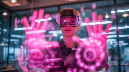 Student using VR headset & AI technology in smart classroom. Artificial intelligence, machine learning, virtual reality in education. Interactive learning, innovation, digital tools, futuristic school