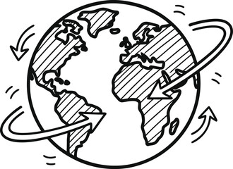 Doodle simple globe with small arrows circling icon, hand-drawn solid black on white, indicating international service, quick travel sketch.