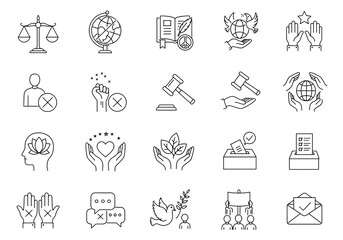 Line art icons showcasing justice, peace, voting and human rights for social activism projects