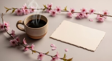 A warm cup of coffee rests beside a blank card surrounded by delicate pink cherry blossoms