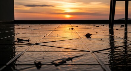 Reflective sunset over a wet tiled surface with geometric patterns