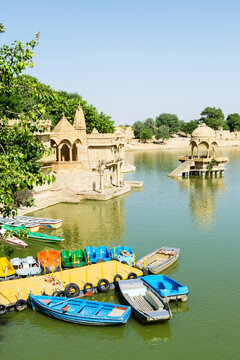 Colorful boats on Gadisar Lake, Jaisalmer, Rajasthan, India