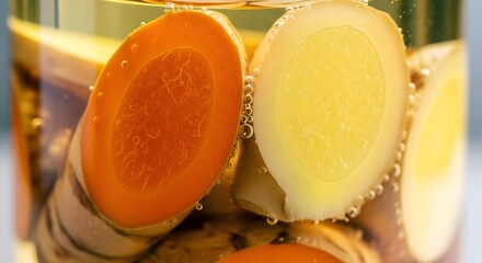 Macro Close-Up of Sliced Turmeric and Ginger Root Infusing in Vinegar with Bubbles for Immunity Tonic
