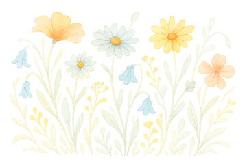 Watercolor wildflowers border with pastel daisies, bluebells, and colorful spring blossoms over a transparent background