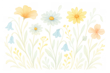 Watercolor wildflowers border with pastel daisies, bluebells, and colorful spring blossoms over a transparent background