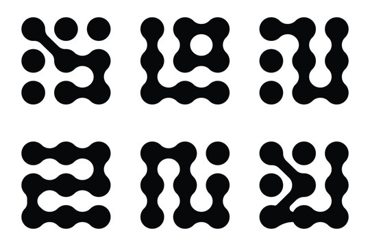 Diagonal metaball connected circles shape. Abstract nerve cell dots or computer nano net . Metaball Set. Vector Connect Circle Shapes. Abstract Geometric Dots.